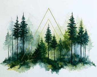 Aquarel bos geometrische muurdecoratie | Heilig bos | Printbare digitale download