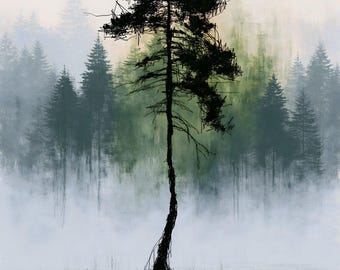 Muurdecoratie met mistig dennenbos | Dennenboom in de mist | Printbare digitale download