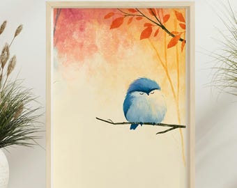 Aquarel afbeelding van een slaperig vogeltje voor de kinderkamer | Het slaperige blauwborstje | Printbare digitale download