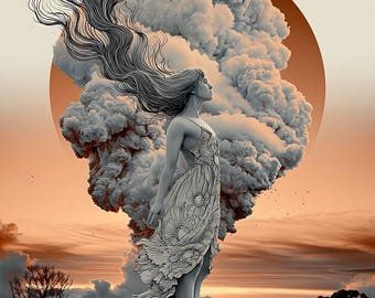 Surrealistische muurdecoratie met een wolkengodin | Ze wandelt in de wolken | Printbare digitale download