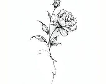 Fine Line Peony Tattoo Art Print | Ink Peony | Printable Digital Download