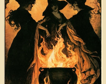 Vintage kunstwerk van een heksenketel met drie heksen | Heksenbrouwsel in vintage stijl | Printbare digitale download | Herfst PNG