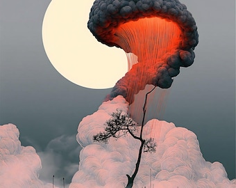 Donkere surrealistische maan- en stormkunst | Maanverlichte uitbarsting | Printbare digitale download