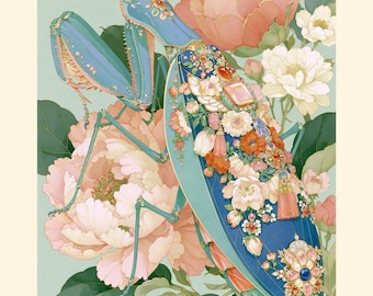 Chinoiserie bidsprinkhaan pioenroos kunst | Bidsprinkhaan tussen de pioenrozen | Printbare digitale download