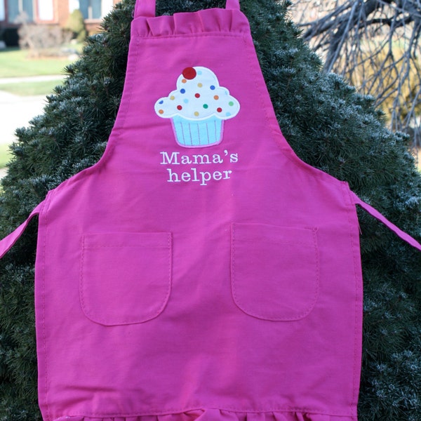 Child size girls ruffle apron- Cupcake applique- Free Personalization