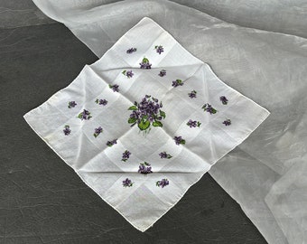 Vintage Handkerchief with Violet Flowers Floral Hanky for Women or Framing as Textile Wall Decor