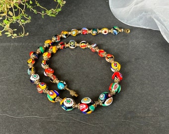 Vintage Murano Millefiori Moretti Glass Bead Necklace, 1930s Venetian Beaded Necklace, Colorful Retro Art Deco Era Jewelry