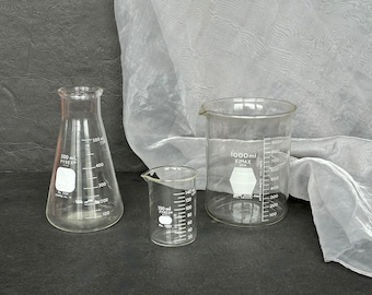 Vintage Chemistry Lab Glass Beakers for Unique Barware or Trio Centerpiece Vases