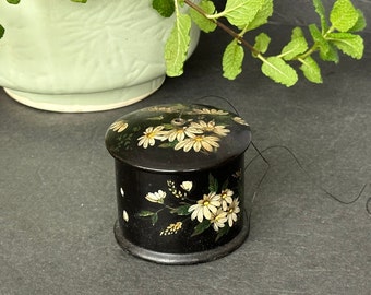 Antique Lacquer Sewing Thread Holder Dispenser - Decorative Lacquerware Box with Daisies and Birds for Victorian Home Decor