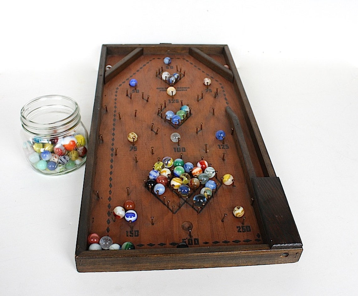 Vintage Style Tabletop Wooden Pinball Game | Bagatelle | 34cm X 20cm | Spring Plunger | Brass Pins And Steel Balls - Ireland