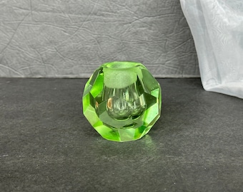 Vintage Faceted Green Glass Candlestick Holder