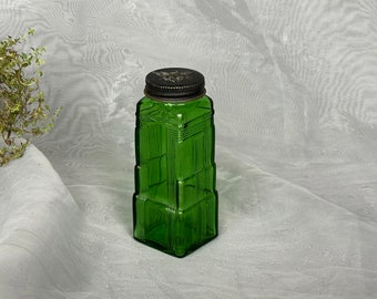 Vintage Green Glass Art Deco Skyscraper Shaker Jar Owens Illinois Collectible Glass Bottle Decor