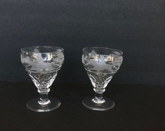 Antique Hand Blown Crystal Sherry Glasses with Wheel Engraved Fox Hunting Scene and Cut Glass Design