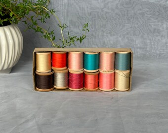 Vintage Thread Lot of 12 Mercerized Cotton Thread on Wooden Spools Belding Corticelli Coats & Clark - Sewing Room Decor