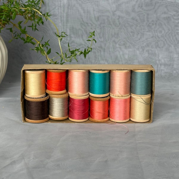 Vintage Thread Lot of 12 Mercerized Cotton Thread on Wooden Spools Belding Corticelli Coats & Clark - Sewing Room Decor