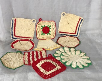 Vintage Crochet Potholder Lot, Vintage Handmade Pot Holders for Retro Kitchen Decor