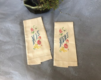 Vintage Embroidered His and Hers Linen Hand Towel Set for Retro Bathroom Decor, Wedding, Bridal Shower, Engagement Gift Idea