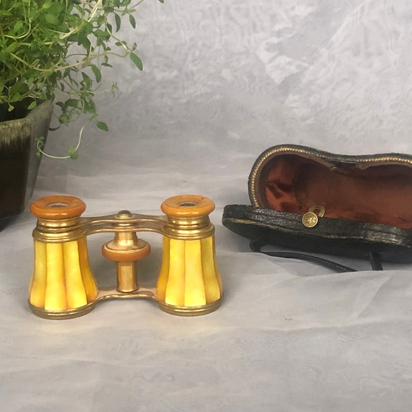 Antique Mother of Pearl & Brass Opera Glasses Lemaire Paris with Original Schoenig Leather Case Vintage Victorian Theater Binoculars