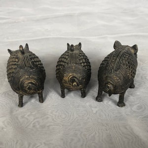 Antique Bronze Dhokra Pig Boar Figurines, India Lost Wax Method Miniature Animal Sculpture Figures image 4