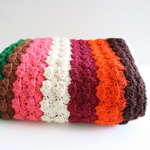 Crochet Afghan, Vintage Crochet, 1970s Vintage, Crochet Blanket, Brown Orange Green Pink Burgandy