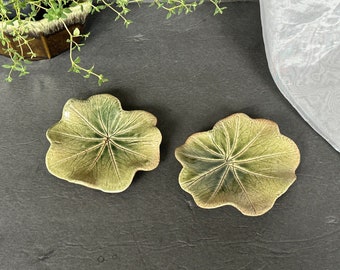 Studio Pottery Lily Pad Ring Dish Set of Two Small Decorative Green Leaf Trinket Trays, Wedding Gift Idea