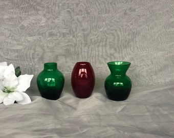 Vintage Red & Green Glass Miniature Vase Trio Set of 3 for Christmas Holiday Home Decor, Table Centerpiece