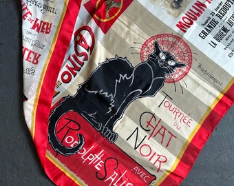 Vintage Scarf with French Advertising Poster Art, Casino de Paris Cabaret Chat Noir Moulin Rouge, Framable Textile for Wall Hanging Decor