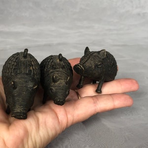 Antique Bronze Dhokra Pig Boar Figurines, India Lost Wax Method Miniature Animal Sculpture Figures image 5