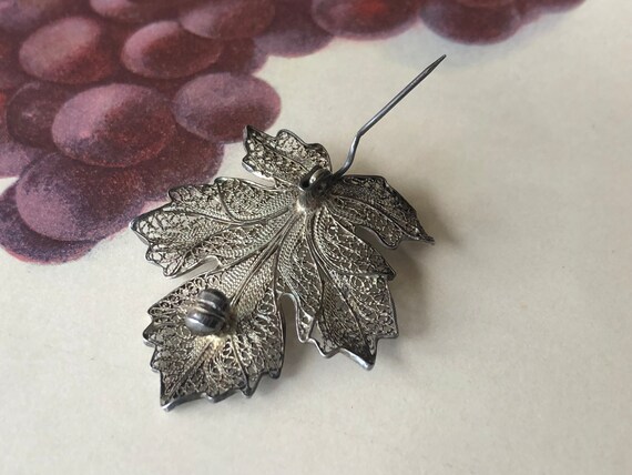 Vintage Sterling Silver Filigree Grape Leaf Brooc… - image 7