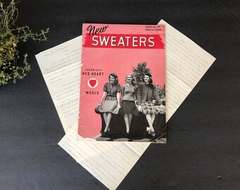 Vintage Red Heart Yarn Sweater Knitting Pattern Booklet, 1941 Plus Two Typewritten Knitting Patterns for Gloves and a Knitted Suit