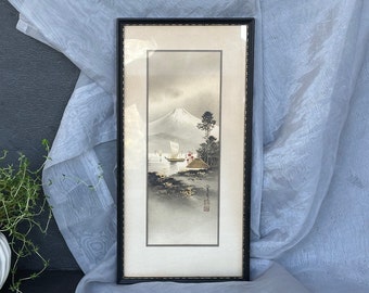 Antique Japanese Watercolor Painting Boats with Mt Fuji and Sakura Original Artwork for Home Wall Decor