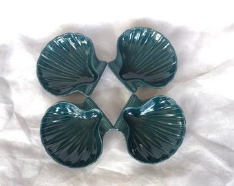 Vintage Hall Pottery Scallop Shell Dish Set, Beach House Nautical Home Decor, Shell Snack Bowls, Soap, Trinket, Ring Dish, Teal Home Decor