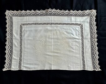 Antique Crochet Lace Trimmed Embroidered Panel Vintage Cross Stitch Guten Morgen