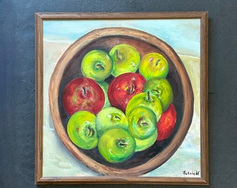Vintage Bowl of Apples Oil Painting Original Artwork for Home Wall Decor