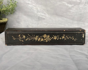 Antique Japanese Lacquer Box With Applied Paper Bird Artwork, Signed, Hinge Enclosure Meiji Era - Decorative Asian Writing Document Box