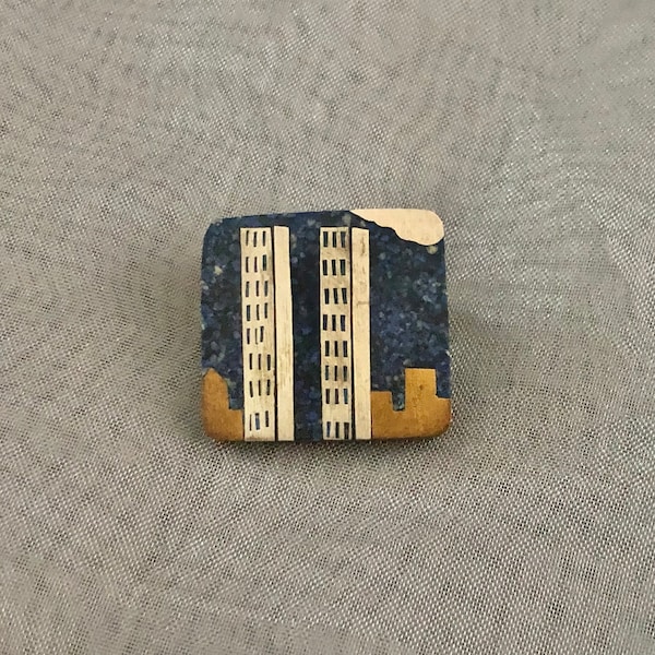 Vintage Mexican Silver & Lapis Lazuli Brooch Pin Twin Towers Jewelry