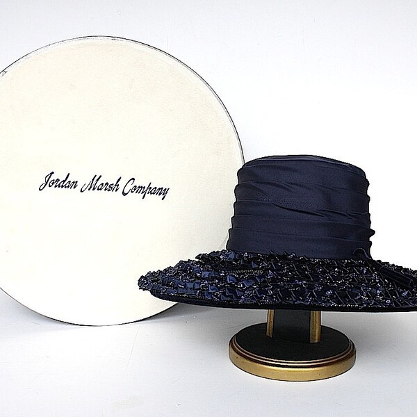 Vintage Hat - Summer Hat 1960s Hat - Jordan Marsh Hat Box - Navy Blue Straw Ribbon Raffia Hat - Women's Hat - Wide Brim Sun Hat - Easter Hat
