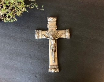 Antique Cast Metal Wall Crucifix, Vintage Christian Home Decor Jesus on the Cross, Corpus Cristi
