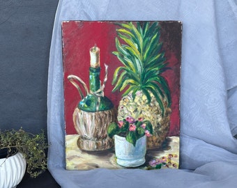 Vintage Original Still Life Oil Painting Pineapple, Wine Bottle & Plant Still Life Artwork for Home Wall Decor