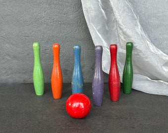 Vintage 6 Pins Table Top Bowling Game with Colorful Turned Wood Bowling Pins and Ball for Game Room Home Decor