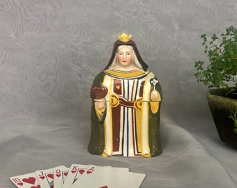 Antiguo bisque alemán reina de corazones figura jugando titular de la tarjeta Gebrüder Heubach Circa 1900, vintage sala de juegos decoración tarjeta jugador regalo