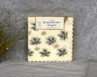 Vintage Rice Paper Silk Effect Christmas Luncheon Size Napkins in Original Baumgarten's Box, Japanese Paper Holiday Party Decor