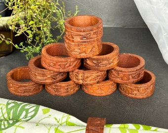 Carved Sheesham Rosewood Napkin Ring Set of 12, Vintage Wooden Napkin Holders, 1960s Home Dining Room Table Decor