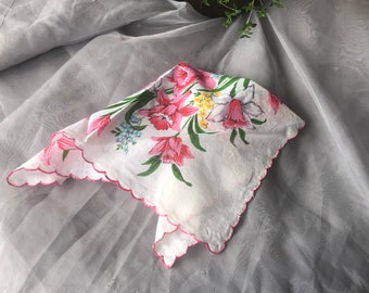 Vintage Floral Handkerchief, Pink Daffodil Hanky, Spring Flower Decor, Easter Hankie Gift