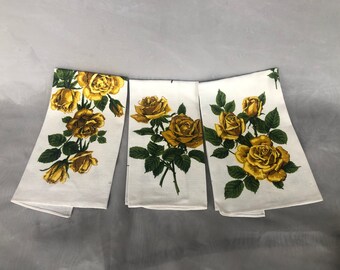 Decorative Guest Hand Towels, Vintage Kreier Linens Finger Tip Towels Set of 3, Yellow Rose Bathroom Decor