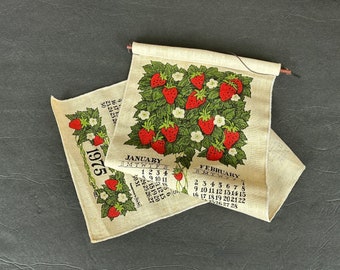 Lois Long Tea Towel Calendar for 1975, Retro 1970s Strawberry Kitchen Wall Hanging Decor, Collectible Kay Dee Linen Dish Towel