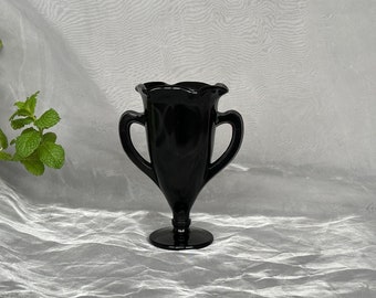 Vintage Black Amethyst Glass Vase Trophy Style with Two Handles