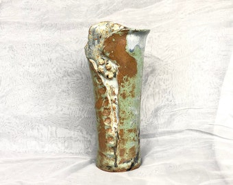 Modern Art Pottery Vase, Vintage 1980s Home Interior Decor, Abstract Green, Brown & Blue Large Decorative Vase