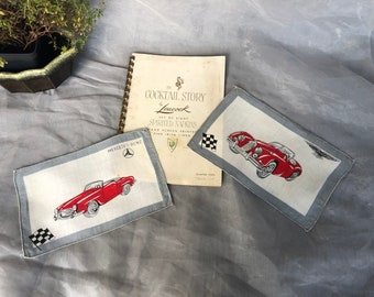 Vintage Leacock Linen Cocktail Napkins with Mercedes Benz & Jaguar Sports Cars, Home Bar Cart Decor, Man Cave Car Lover Gift Idea