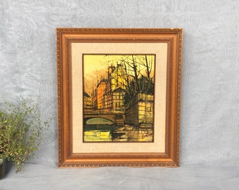 Vintage Mid Century Modern Brutalist Art Cityscape Painting by Lentini, Framed Original Oil Painting Artwork for Home Wall Decor